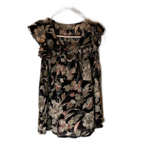 Old Navy Bohochic Casual Black Floral Ruffle Cap Sleeves Ties at Neck Top M